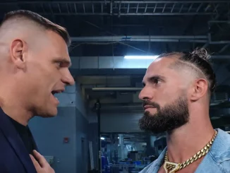 Gunther und Seth Rollins stehen sich im Backstagebereich gegenüber