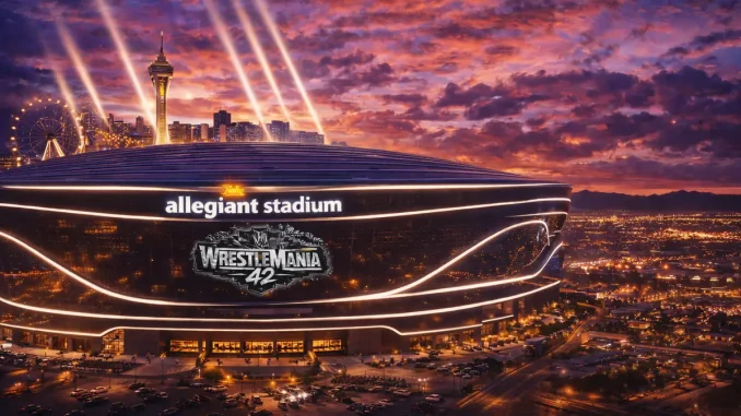 Außenansicht des Allegiant Stadium vor WrestleMania 42