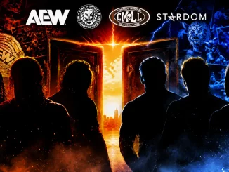Mehrere Wrestler im Schatten vor der AEW Forbidden Door