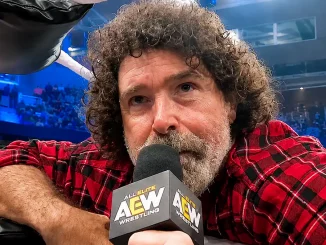Mick Foley hält ein Mikrofon in der Hand und blickt zur Bühne