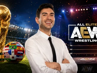 Tony Khan vor einem Fußball-WM-Stadion und einer Wrestling-Arena