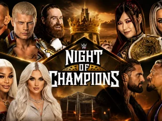 Mehrere männliche und weibliche WWE Superstars auf der WWE Night of Champions Grafik abgebildet