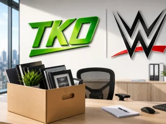 Ein Blick in das WWE/TKO-Büro mit gepacktem Entlassungskarton