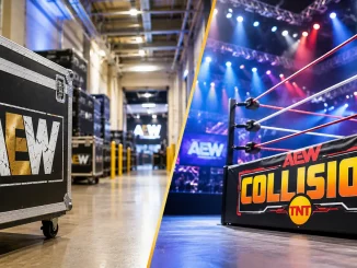 Blick in den AEW Backstagebereich und eine Vorderansicht vom AEW-Collision Ring