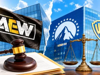 AEW Flagge mit Gerichtshammer und einem Gebäude mit Paramount und Warner Bros Logo