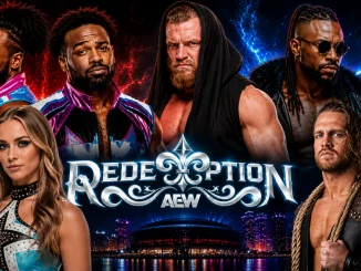The New Day, Buddy Mathews, Swerve Strickland, Anna Jay und Adam Page auf der AEW Redemption Grafik