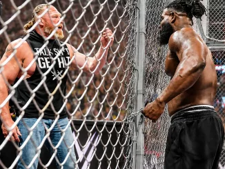 Brock Lesnar steht Oba Femi zwischen der Hell in a Cell Konstruktion gegenüber