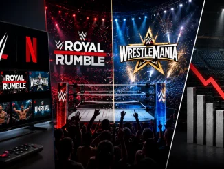 WWE Netflix Grafik mit Blick in die Royal Rumble und WrestleMania Arena