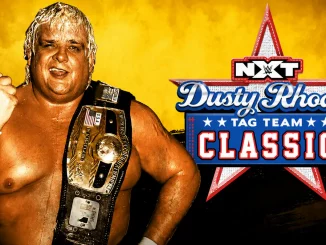 Dusty Rhodes auf einer Grafik mit dem NXT Dusty Rhodes Tag Team Classic Logo