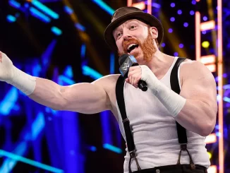 Sheamus steht lachend mit einem WWE-Mikrofon für eine Promo im Ring