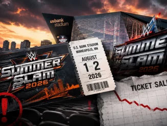 Blick auf das US Bank Stadium und ein SummerSlam-2026 Ticket