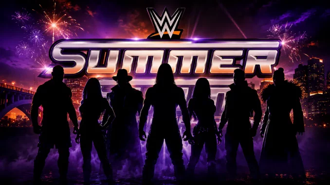 Mehrere nicht ersichtliche WWE Stars vor dem offiziellen WWE SummerSlam 2026 Logo