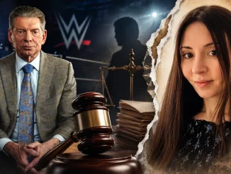 Vince McMahon und Janel Grant mit Gerichtshammer im Vordergrund