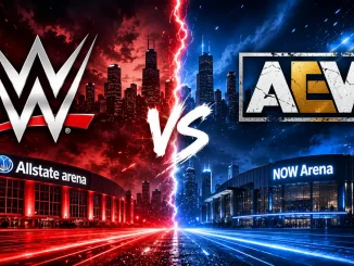 Die Allstate Arena mit WWE Logo und die Now Arena mit AEW Logo auf einem Bild