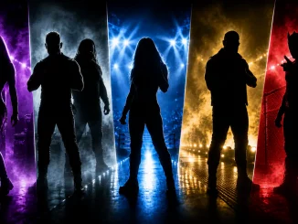 Mehrere Silhouetten von Wrestling Stars vor farbigen Arenen