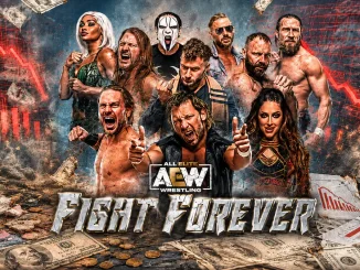 Die Grafik zeigt das AEW Fight Forever-Motiv mit mehreren Wrestlern im Zentrum. Im Hintergrund sorgen leuchtend rote, stark fallende Statistik- und Kursgrafiken sowie herumfliegende Geldscheine und verstreutes Geld für den Eindruck eines finanziellen Absturzes