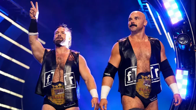 Dax Harwood und Cash Wheeler blicken von der Stage aus ins Publikum