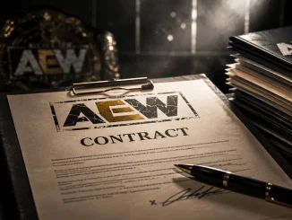 Ein AEW-Wrestlervertrag mit Stift und mehreren weiteren Dokumenten