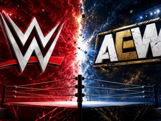 Das Bild zeigt einen Wrestling-Ring in einer großen Arena, über dem sich links das WWE-Logo in einer rot-feurigen Kulisse und rechts das AEW-Logo in einer blau-goldenen Kulisse gegenüberstehen