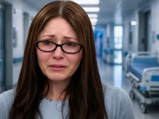 Traurige Janel Grant mit Krankenbett im Hintergrund