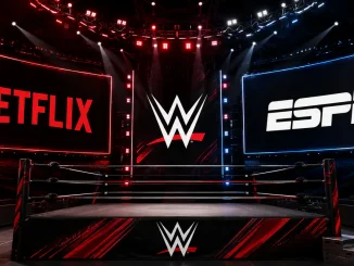 WWE‑Arena mit Netflix- und ESPN Logo auf den beiden Videowalls