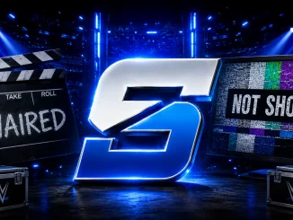 Grafische Darstellung zu WWE SmackDown mit einem Fernseher, einer Filmklappe und WWE-Kisten