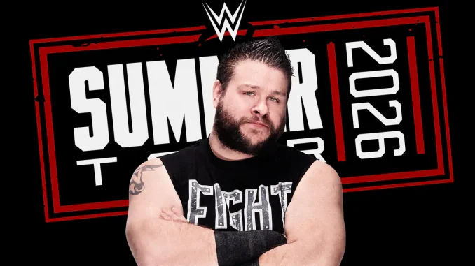 Das offizielle WWE Summer Tour 2026 Logo mit Kevin Owens im Vordergrund