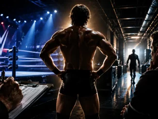 Ein WWE Talent lässt sich von einer Jury bewerten und blickt auf einen WWE Ring