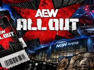 Das Bild zeigt das AEW-All-Out-Logo über einer nahezu ausverkauften Arena-Kulisse mit Eintrittskarten, Championship-Gürtel und einem beleuchteten NOW-Arena-Gebäude im Hintergrund