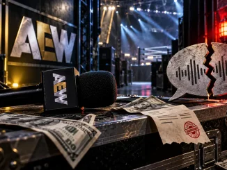 Zu sehen ist eine inszenierte AEW-Backstage-Szene mit Mikrofon, verstreuten Geldscheinen und einer symbolisch zerbrochenen Sprechblase vor einer beleuchteten Arena