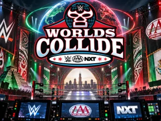 Die Grafik zeigt eine große Wrestling-Arena mit mexikanischen Farben und Maskenmotiven, einem zentral eingeblendeten „Worlds Collide“-Logo, WWE-, AAA- und NXT-Branding sowie mehreren Produktionsmonitoren im Vordergrund