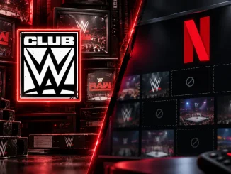 Zu sehen ist eine geteilte WWE-Grafik mit dem Club-WWE-Logo und klassischen Raw-Motiven auf der linken Seite sowie dem Netflix-Logo und mehreren symbolisch fehlenden Archiv-Inhalten auf der rechten Seite