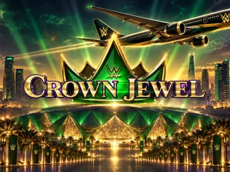 Zu sehen ist eine stimmungsvoll inszenierte WWE-Crown-Jewel-Grafik mit dem Crown-Jewel-Logo vor der beleuchteten Skyline von Riyadh, während darüber ein WWE-gebrandetes Flugzeug in Richtung der Stadt fliegt