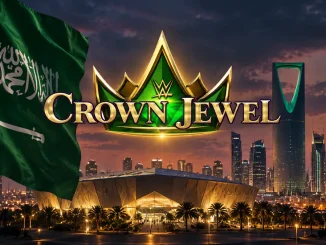 Zu sehen ist eine stimmungsvoll inszenierte WWE-Crown-Jewel-Grafik mit der saudischen Flagge, der beleuchteten Skyline von Riad und einer modernen Arena im Vordergrund
