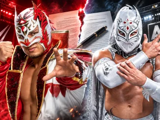 Zu sehen sind Dragon Lee auf der linken Seite und Dralistico auf der rechten Seite vor einer geteilten WWE- und AEW-Kulisse, während im Hintergrund Vertragsunterlagen die offene Zukunft der beiden symbolisieren