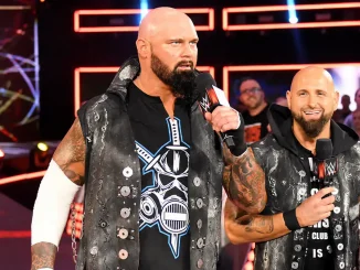Luke Gallows und Karl Anderson stehen mit Mikrofonen vor einer WWE-Zuschauerkulisse, während Gallows ernst nach vorn blickt und Anderson lächelnd neben ihm steht