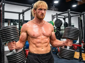 Das Bild zeigt den muskulösen, verschwitzten Logan Paul mit zwei schweren Kurzhanteln in den Händen während eines intensiven Trainings in einem voll ausgestatteten Fitnessstudio