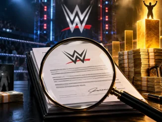 Zu sehen ist eine symbolische WWE-Grafik mit Verträgen unter einer Lupe, Geldstapeln und Championship-Gürtel vor einer Arena, die große Unterschiede bei Gehältern und Vertragswerten veranschaulicht