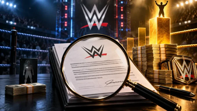 Zu sehen ist eine symbolische WWE-Grafik mit Verträgen unter einer Lupe, Geldstapeln und Championship-Gürtel vor einer Arena, die große Unterschiede bei Gehältern und Vertragswerten veranschaulicht