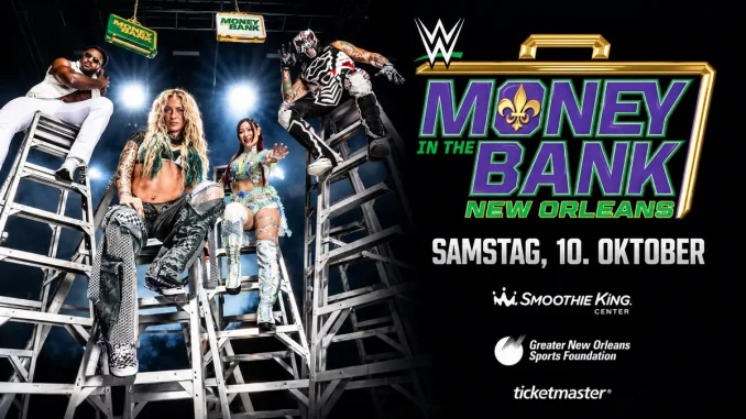 Offizielle WWE Money in the Bank New Orleans Event Promotion Grafik mit vier Superstars auf Leitern