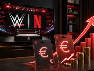 Das Bild zeigt eine moderne WWE- und Netflix-Szenerie mit Wrestling-Ring im Hintergrund, während Euro-Symbole, Münzstapel, Balken und ein großer Aufwärtspfeil die steigenden Streamingkosten in den Vordergrund rücken