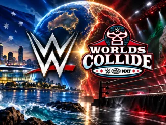 Zu sehen ist eine dynamische Wrestling-Grafik mit dem WWE-Logo vor einer australischen Stadtkulisse auf der linken Seite sowie dem WWE Worlds Collide-Logo vor einer rot beleuchteten Arena mit Mexiko-Flagge und Wrestling-Ring auf der rechten Seite. ChatGPT kann Fehler machen. Prüfe wichtige Infos