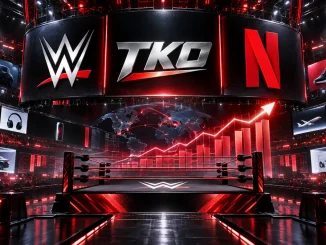 Futuristische Wrestling-Arena mit WWE-, TKO- und Netflix-Logos, digitalen Sponsorenflächen und einer Wachstumsgrafik im Hintergrund