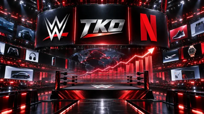 Futuristische Wrestling-Arena mit WWE-, TKO- und Netflix-Logos, digitalen Sponsorenflächen und einer Wachstumsgrafik im Hintergrund