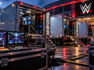 Drei moderne WWE-Produktions-Trucks mit geöffneter Technik, Monitoren und Regiepult vor einer beleuchteten Arena bei Nacht