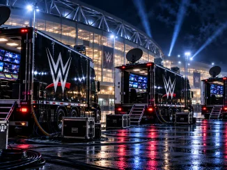 Zu sehen sind drei schwarze, mit WWE-Logos versehene TV-Produktions-Trucks vor einer beleuchteten Arena bei Nacht, umgeben von Kabeln, Technik-Equipment und spiegelnden nassen Flächen