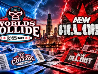Die Grafik stellt WWE Worlds Collide und AEW All Out in einer blau-roten Arena-Kulisse gegenüber, ergänzt durch zahlreiche Veranstaltungstickets im Vordergrund und die Skyline von Chicago im Zentrum