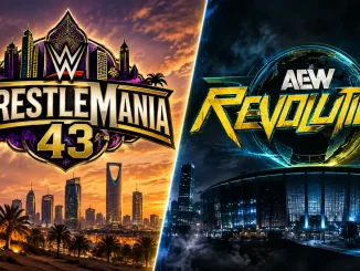 Zu sehen ist eine zweigeteilte Wrestling-Grafik mit dem WrestleMania-43-Logo vor einer goldenen, an Saudi-Arabien erinnernden Stadtkulisse auf der linken Seite und dem AEW-Revolution-Logo vor einer dunklen Arena- und Weltkugel-Szenerie auf der rechten Seite
