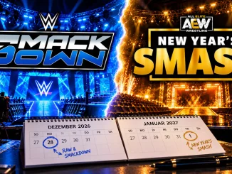 WWE SmackDown und AEW New Year’s Smash mit ihren Logos vor beleuchteten Wrestling-Arenen. Im Vordergrund zeigen Kalender die SmackDown-Aufzeichnung am 28. Dezember 2026 und das AEW-Special am 1. Januar 2027.