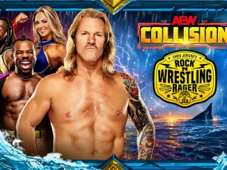 Das Bild zeigt Chris Jericho gemeinsam mit weiteren AEW-Stars vor einer stürmischen Meereskulisse, während rechts das AEW-Collision-Logo und das „Rock ’N Wrestling Rager“-Emblem zu sehen sind.